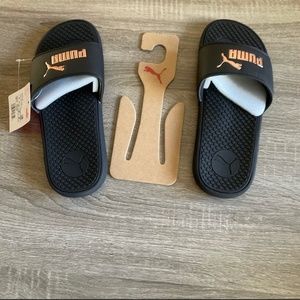 PUMA slide sandals, black + rose gold NWT